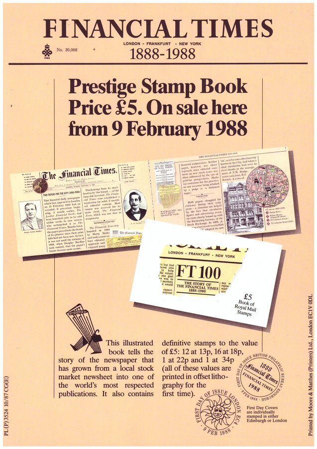 (image for) 1988 Financial Times Prestige Book Post Office A4 poster. PL(P) 3524 10/87 CG(E).